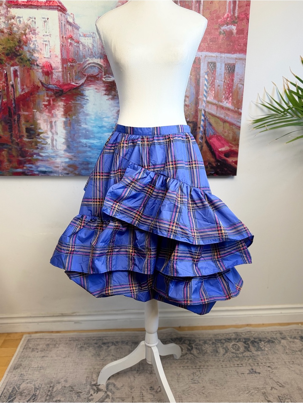 Maeve Anthropologie Blue Plaid Tiered Ruffle High Low Statement Skirt US 6 - Picture 9 of 12